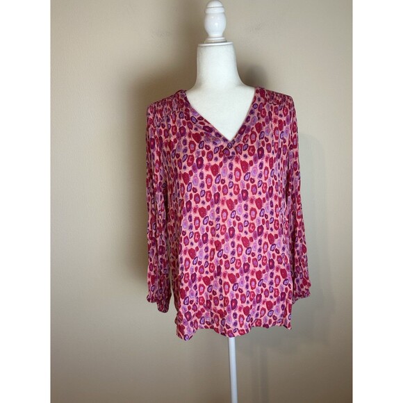 Aspiga Top Womens M Pink Patterned Blouse Boho Button Shirt Peasant Polka Dot - Picture 2 of 5